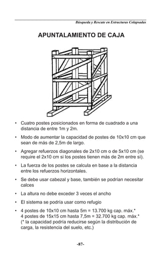 Búsqueda y Rescate en Estructuras Colapsadas


           APUNTALAMIENTO DE CAJA




• Cuatro postes posicionados en forma de cuadrado a una
  distancia de entre 1m y 2m.
• Modo de aumentar la capacidad de postes de 10x10 cm que
  sean de más de 2,5m de largo.
• Agregar refuerzos diagonales de 2x10 cm o de 5x10 cm (se
  require el 2x10 cm si los postes tienen más de 2m entre sí).
• La fuerza de los postes se calcula en base a la distancia
  entre los refuerzos horizontales.
• Se debe usar cabezal y base, también se podrían necesitar
  calces
• La altura no debe exceder 3 veces el ancho
• El sistema se podría usar como refugio
• 4 postes de 10x10 cm hasta 5m = 13.700 kg cap. máx.*
  4 postes de 15x15 cm hasta 7,5m = 32.700 kg cap. máx.*
  (* la capacidad podría reducirse según la distribución de
  carga, la resistencia del suelo, etc.)


                             -87-
 