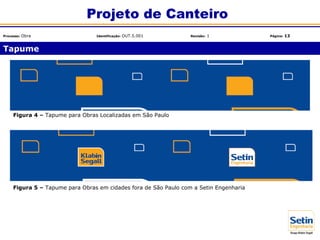 Figura 4 – Tapume para Obras Localizadas em São Paulo
Figura 5 – Tapume para Obras em cidades fora de São Paulo com a Setin Engenharia
Tapume
Projeto de Canteiro
Processo: Obra Identificação: OUT.5.001 Revisão: 1 Página: 13
 
