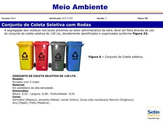 A segregação dos resíduos nos locais próximos ao setor administrativo da obra, deve ser feita através do uso
do conjunto de coleta seletiva de 120 Lts, devidamente identificados e organizadas conforme Figura 23.
Conjunto de Coleta Seletiva com Rodas
Meio Ambiente
Processo: Obra Identificação: OUT.5.001 Revisão: 1 Página: 42
CONJUNTO DE COLETA SELETIVA DE 120 LTS.
Modelo:
Europeu com 2 rodas
Material:
Em polietileno de alta densidade.
Dimensões:
Altura: 0,93 - Largura: 0,48 - Profundidade: 0,55
Cores:
Vermelho (Plástico); Amarelo (Metal); Verde (Vidro); Cinza (não recicláveis) Marrom (Orgânico);
Azul (Papel); Preto (Madeira).
Figura 6 – Conjunto de Coleta seletiva.
 