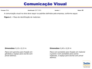A comunicação visual na obra deve seguir os padrões definidos pela empresa, conforme segue:
Figura 1 – Placa de identificação de materiais:
Dimensões: 0,10 x 0,15 m
Placa com ganchos para fixação em
gôndolas e espaço para escrita com
pincel atômico.
Dimensões: 0,40 x 0,20 m
Placa com pontalete para fixação em material
a granel e sem pontalete para outros
materiais, e espaço para escrita com pincel
atômico.
Comunicação Visual
Processo: Obra Identificação: OUT.5.001 Revisão: 1 Página: 45
 
