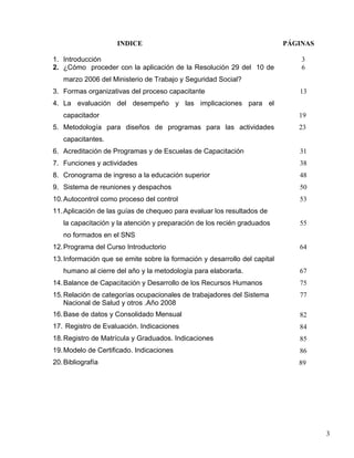 INDICE PÁGINAS
1. Introducción 3
2. ¿Cómo proceder con la aplicación de la Resolución 29 del 10 de
marzo 2006 del Ministerio de Trabajo y Seguridad Social?
3. Formas organizativas del proceso capacitante
4. La evaluación del desempeño y las implicaciones para el
capacitador
5. Metodología para diseños de programas para las actividades
capacitantes.
6. Acreditación de Programas y de Escuelas de Capacitación
7. Funciones y actividades
8. Cronograma de ingreso a la educación superior
9. Sistema de reuniones y despachos
10.Autocontrol como proceso del control
11.Aplicación de las guías de chequeo para evaluar los resultados de
la capacitación y la atención y preparación de los recién graduados
no formados en el SNS
12.Programa del Curso Introductorio
13.Información que se emite sobre la formación y desarrollo del capital
humano al cierre del año y la metodología para elaborarla.
14.Balance de Capacitación y Desarrollo de los Recursos Humanos
15.Relación de categorías ocupacionales de trabajadores del Sistema
Nacional de Salud y otros .Año 2008
16.Base de datos y Consolidado Mensual
17. Registro de Evaluación. Indicaciones
18.Registro de Matrícula y Graduados. Indicaciones
19.Modelo de Certificado. Indicaciones
20.Bibliografía
6
13
19
23
31
38
48
50
53
55
64
67
75
77
82
84
85
86
89
3
 