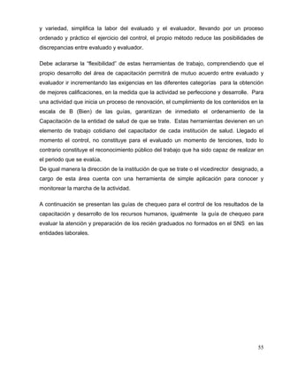 y variedad, simplifica la labor del evaluado y el evaluador, llevando por un proceso
ordenado y práctico el ejercicio del control, el propio método reduce las posibilidades de
discrepancias entre evaluado y evaluador.
Debe aclararse la “flexibilidad” de estas herramientas de trabajo, comprendiendo que el
propio desarrollo del área de capacitación permitirá de mutuo acuerdo entre evaluado y
evaluador ir incrementando las exigencias en las diferentes categorías para la obtención
de mejores calificaciones, en la medida que la actividad se perfeccione y desarrolle. Para
una actividad que inicia un proceso de renovación, el cumplimiento de los contenidos en la
escala de B (Bien) de las guías, garantizan de inmediato el ordenamiento de la
Capacitación de la entidad de salud de que se trate. Estas herramientas devienen en un
elemento de trabajo cotidiano del capacitador de cada institución de salud. Llegado el
momento el control, no constituye para el evaluado un momento de tenciones, todo lo
contrario constituye el reconocimiento público del trabajo que ha sido capaz de realizar en
el periodo que se evalúa.
De igual manera la dirección de la institución de que se trate o el vicedirector designado, a
cargo de esta área cuenta con una herramienta de simple aplicación para conocer y
monitorear la marcha de la actividad.
A continuación se presentan las guías de chequeo para el control de los resultados de la
capacitación y desarrollo de los recursos humanos, igualmente la guía de chequeo para
evaluar la atención y preparación de los recién graduados no formados en el SNS en las
entidades laborales.
55
 