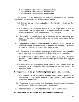 1 Cuantos han sido evaluados de satisfactorio
2 Cuantos han sido evaluados de aceptable
3 Cuantos han sido evaluados de deficiente
En el caso de los evaluados de deficiente comprobar las medidas
adoptadas para resolver las deficiencias señaladas.
4.2- Opinión de los recién graduados de la atención recibida por los
tutores.
4.3- Comprobar la ubicación definitiva, en el cargo para el que se
prepararon, de los egresados que hayan concluido su plan de
adiestramiento así como la evaluación final realizada.
4.4- Comprobar el cumplimiento de la inserción de los egresados que
están en adiestramiento laboral en los planes de capacitación de las
entidades.
4.5- Comprobar si se realiza trimestralmente el análisis, en los Consejo de
Administración y de Dirección de la entidad, del tema de la atención
a los recién graduados. (Comprobar en las actas).
4.6- Comprobar si se realizan reuniones periódicas con los egresados
para que expresen sus opiniones. (Entrevista con el egresado).
4.7- Entrevistar a representantes del sindicato y las organizaciones
políticas para conocer los mecanismos que existen para apoyar
esta tarea.
4.8- Entrevistar a los egresados para escuchar sus criterios sobre el
seguimiento y evaluación del cumplimiento de los planes de
adiestramiento.
5- Seguimiento a los graduados asignados que no se presentan.
5.1- Comprobar si en la entidad existen estos casos, a partir de la
información que puede brindar la DPT sobre la asignación de
graduados a la entidad.
5.2- Comprobar el control que tiene la entidad de estos casos (registros
con los datos de los no presentados y sus causas)
5.3- Acciones realizadas y medidas tomadas para su incorporación.
6- Evaluación del estado de esta actividad en la entidad
64
 
