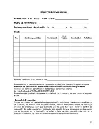 REGISTRO DE EVALUACIÓN
NOMBRE DE LA ACTIVIDAD CAPACITANTE:_____________________________________
MODO DE FORMACIÓN: _________________________________________________________
Fecha de comienzo y terminación : Del __ de _____________al __ de _____________200__
SEDE: _______________________________________________________________
No. Nombres y Apellidos Carnet Ident.
C. de
Trabajo Escolaridad Nota Final
NOMBRE Y APELLIDOS DEL INSTRUCTOR:_________________________________________________
Este modelo es la fuente para asentar los cursistas en el registro de matricula y graduado para
Elaborar los certificados antes de la culminación de la actividad capacitante
Verificar los nombres por el Carnet de Identidad para evitar errores
La nota final será APROBADO O SUSPENSO
Entiéndase por graduado si aparece la nota final, de lo contrario, en esa columna se pone
BAJA
- Control de Evaluación.
Por ser tan diversa las modalidades de capacitación tanto en su diseño como en el tiempo
de duración, es inusual crear modelos únicos, pero si intenciones únicas de que todo
proceso de enseñanza hay que evaluarlo, por lo tanto hay que llevar el control de
evaluación de cada estudiante - trabajador por módulo, tema o asignatura, de los cursos
que se impartan en la institución de salud o fuera de ella, permitiéndole conocer la
evaluación obtenida de cada estudiante antes de la emisión del certificado.
85
 