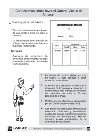 Conozcamos cómo llevar el Control Visible de
Almacén
La tarjeta de control visible es muy
IMPORTANTE para conocer el saldo
actual de cada material.
Al término de la ejecución de la obra, en el
momento de la entrega y recepción, el
almacenero/a hará entrega del inventario
de materiales sobrantes al Consejo
Directivo de la JASS.
Posteriormente, el almacén es manejado
por el Consejo Directivo de la JASS.
Con el dinero de las cuotas familiares, se
comprarán materiales y herramientas
necesarias para el mantenimiento de los
servicios de Saneamiento Básico,
siempre previa aprobación de la
asamblea de usuarios/as.
¿ Qué es y para qué sirve ?
* El control visible se hace a través
de una tarjeta o ficha de papel o
cartulina.
Conocer de inmediato la
existencia, el movimiento, es decir
la entrada y salida de un material
y/o herramienta.
* La ficha se pone en el almacén en
el lugar donde se encuentra cada
material o herramienta.
Sirve para :
»
»
»
»
25Aprendamos a administrar, llevar nuestras cuentas, manejar y controlar el almacén
Control Visible de Almacén
Nº
Material: Clavo
Fecha
Movimiento
Entrada Salida Saldo
05/10/02 10 kilos 4 kilos 6 kilos
 