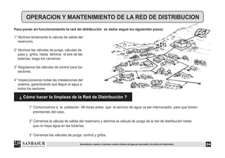 Para poner en funcionamiento la red de distribución se debe seguir los siguientes pasos:
1° Abrimos lentamente la válvula de salida del
reservorio.
2° Abrimos las válvulas de purga, válvulas de
paso y grifos, hasta eliminar el aire de las
tuberías, luego los cerramos.
3° Regulamos las válvulas de control para los
sectores.
4° Inspeccionamos todas las instalaciones del
sistema, garantizando que llegue el agua a
todos los sectores.
1° Comunicamos a la población 48 horas antes que el servicio de agua va ser interrumpido, para que tomen
previsiones del caso.
2° Cerramos la válvula de salida del reservorio y abrimos la válvula de purga de la red de distribución hasta
que no haya agua en las tuberías.
3° Cerramos las válvulas de purga, control y grifos.
OPERACION Y MANTENIMIENTO DE LA RED DE DISTRIBUCION
¿ Cómo hacer la limpieza de la Red de Distribución ?
24Aprendamos a operar y mantener nuestro sistema de agua por gravedad y sin planta de tratamiento
 