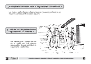¿ Con qué frecuencia se hace el seguimiento a las familias ?
¿ Quiénes son responsables del
seguimiento a las familias ?
Las visitas a las familias se realizan una vez al mes, pudiendo hacerse con
mayor frecuencia cuando el caso lo requiera.
Los miembros del Consejo Directivo
de la JASS son los directos
responsables de esta actividad, de
seguimiento a las familias.
10Promoviendo el cuidado, uso y mantenimiento de los servicios de saneamiento y la práctica de la higiene en la familia.
MINSA
 