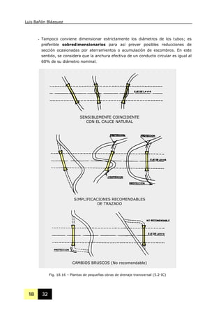 Luis Bañón Blázquez
18 32
- Tampoco conviene dimensionar estrictamente los diámetros de los tubos; es
preferible sobredimensionarlos para así prever posibles reducciones de
sección ocasionadas por aterramientos o acumulación de escombros. En este
sentido, se considera que la anchura efectiva de un conducto circular es igual al
60% de su diámetro nominal.
Fig. 18.16 – Plantas de pequeñas obras de drenaje transversal (5.2-IC)
SENSIBLEMENTE COINCIDENTE
CON EL CAUCE NATURAL
SIMPLIFICACIONES RECOMENDABLES
DE TRAZADO
CAMBIOS BRUSCOS (No recomendable)
 