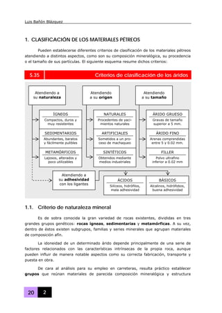 Luis Bañón Blázquez
20 2
1. CLASIFICACIÓN DE LOS MATERIALES PÉTREOS
Pueden establecerse diferentes criterios de clasificación de los materiales pétreos
atendiendo a distintos aspectos, como son su composición mineralógica, su procedencia
o el tamaño de sus partículas. El siguiente esquema resume dichos criterios:
S.35 Criterios de clasificación de los áridos
1.1. Criterio de naturaleza mineral
Es de sobra conocida la gran variedad de rocas existentes, divididas en tres
grandes grupos genéticos: rocas ígneas, sedimentarias y metamórficas. A su vez,
dentro de éstos existen subgrupos, familias y series minerales que agrupan materiales
de composición afín.
La idoneidad de un determinado árido depende principalmente de una serie de
factores relacionados con las características intrínsecas de la propia roca, aunque
pueden influir de manera notable aspectos como su correcta fabricación, transporte y
puesta en obra.
De cara al análisis para su empleo en carreteras, resulta práctico establecer
grupos que reúnan materiales de parecida composición mineralógica y estructura
ÍGNEOS
Compactos, duros y
muy resistentes
METAMÓRFICOS
Lajosos, alterados y
poco utilizables
SEDIMENTARIOS
Abundantes, baratos
y fácilmente pulibles
Atendiendo a
su naturaleza
Atendiendo
a su origen
NATURALES
Procedentes de yaci-
mientos naturales
SINTÉTICOS
Obtenidos mediante
medios industriales
ARTIFICIALES
Sometidos a un pro-
ceso de machaqueo
Atendiendo
a su tamaño
ÁRIDO GRUESO
Gravas de tamaño
superior a 5 mm.
FILLER
Polvo ultrafino
inferior a 0.02 mm
ÁRIDO FINO
Arenas comprendidas
entre 5 y 0.02 mm.
Atendiendo a
su adhesividad
con los ligantes
ÁCIDOS
Silíceos, hidrófilos,
mala adhesividad
BÁSICOS
Alcalinos, hidrófobos,
buena adhesividad
 