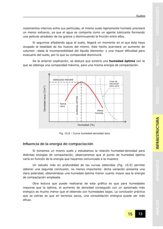 Suelos
15 13
GENERALIDADESTRAFICOTRAZADOINFRAESTRUCTURAAFIRMADOSANALISIS
rozamientos internos entre sus partículas, el mismo suelo ligeramente húmedo precisará
un menor esfuerzo, ya que el agua se comporta como un agente lubricante formando
una película alrededor de los granos y disminuyendo la fricción entre ellos.
Si seguimos añadiendo agua al suelo, llegará un momento en el que ésta haya
ocupado la totalidad de los huecos del mismo. Este hecho acarreará un aumento de
volumen –dada la incompresibilidad del líquido elemento- y una mayor dificultad para
evacuarlo del suelo, por lo que su compacidad disminuirá.
De la anterior explicación, se deduce que existirá una humedad óptima con la
que se obtenga una compacidad máxima, para una misma energía de compactación.
Influencia de la energía de compactación
Si tomamos un mismo suelo y estudiamos la relación humedad-densidad para
distintas energías de compactación, observaremos que el punto de humedad óptima
varía en función de la energía que hayamos comunicado a la muestra.
Un estudio más en profundidad de las curvas obtenidas (Fig. 15.9) permite
obtener una segunda conclusión, no menos importante: dicha variación presenta una
clara polaridad, obteniéndose una humedad óptima menor cuanto mayor sea la energía
de compactación empleada.
Otra lectura que puede realizarse de esta gráfica es que para humedades
mayores que la óptima, el aumento de densidad conseguido con un apisonado más
enérgico es mucho menor que el obtenido con humedades bajas. La conclusión práctica
que se extrae es que en terrenos secos, una consolidación enérgica puede ser más
eficaz.
Humedad (%)
Densidadseca(T/m3
)
HUMEDADÓPTIMA
DENSIDAD MÁXIMA
Fig. 15.8 – Curva humedad-densidad seca
Línea de
saturación
(aire cero)
Rama
seca
Rama
húmeda
 