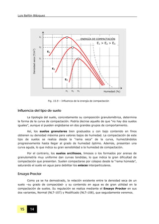 Luis Bañón Blázquez
15 14
Influencia del tipo de suelo
La tipología del suelo, concretamente su composición granulométrica, determina
la forma de la curva de compactación. Podría decirse aquello de que “no hay dos suelos
iguales”, aunque sí pueden englobarse en dos grandes grupos de comportamiento.
Así, los suelos granulares bien graduados y con bajo contenido en finos
obtienen su densidad máxima para valores bajos de humedad. La compactación de este
tipo de suelos se realiza desde la “rama seca” de la curva, humectándolos
progresivamente hasta llegar al grado de humedad óptimo. Además, presentan una
curva aguda, lo que indica su gran sensibilidad a la humedad de compactación.
Por el contrario, los suelos arcillosos, limosos o los formados por arenas de
granulometría muy uniforme dan curvas tendidas, lo que indica la gran dificultad de
compactación que presentan. Suelen compactarse por colapso desde la “rama húmeda”,
saturando el suelo en agua para debilitar los enlaces interparticulares.
Ensayo Proctor
Como ya se ha demostrado, la relación existente entre la densidad seca de un
suelo –su grado de compacidad- y su contenido en agua es de gran utilidad en la
compactación de suelos. Su regulación se realiza mediante el Ensayo Proctor en sus
dos variantes, Normal (NLT-107) y Modificado (NLT-108), que seguidamente veremos.
Humedad (%)
Densidadseca(T/m3
)
δ1
Fig. 15.9 – Influencia de la energía de compactación
δ2
δ3
E1
E2
E3
H1 H2 H3
ENERGÍA DE COMPACTACIÓN
E1 > E2 > E3
 
