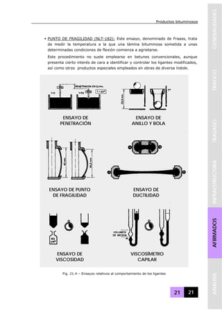 Productos bituminosos
21 21
GENERALIDADESTRAFICOTRAZADOINFRAESTRUCTURAAFIRMADOSANALISIS
PUNTO DE FRAGILIDAD (NLT-182): Este ensayo, denominado de Fraass, trata
de medir la temperatura a la que una lámina bituminosa sometida a unas
determinadas condiciones de flexión comienza a agrietarse.
Este procedimiento no suele emplearse en betunes convencionales, aunque
presenta cierto interés de cara a identificar y controlar los ligantes modificados,
así como otros productos especiales empleados en obras de diversa índole.
ENSAYO DE
PENETRACIÓN
ENSAYO DE
ANILLO Y BOLA
ENSAYO DE PUNTO
DE FRAGILIDAD
ENSAYO DE
DUCTILIDAD
ENSAYO DE
VISCOSIDAD
VISCOSÍMETRO
CAPILAR
Fig. 21.4 – Ensayos relativos al comportamiento de los ligantes
 
