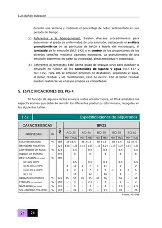 Luis Bañón Blázquez
21 24
durante una semana y midiendo el porcentaje de betún sedimentado en ese
periodo de tiempo.
(c) Referentes a la homogeneidad: Existen diversos procedimientos para
determinar el grado de uniformidad de una emulsión, destacando el análisis
granulométrico de las partículas de betún a través del microscopio, el
tamizado de la emulsión (NLT-142) o el conteo de las proporciones de los
diversos tamaños mediante aparatos especiales. La granulometría de una
emulsión determina en parte su viscosidad, almacenabilidad y estabilidad.
(d) Referentes al contenido: Este último grupo de ensayos sirve para clasificar la
emulsión en función de los contenidos de ligante y agua (NLT-137 y
NLT-139). Para ello se emplean procesos de destilación, separando el agua,
el betún residual y los fluidificantes, caso de existir. Con el betún residual
pueden realizarse los ensayos propios ya comentados.
5. ESPECIFICACIONES DEL PG-4
En función de algunos de los ensayos vistos anteriormente, el PG-4 establece las
especificaciones que deberán cumplir los diferentes productos bituminosos, recogidas en
las siguientes tablas:
T.62 Especificaciones de alquitranes
CARACTERÍSTICAS TIPOS
AQ-38 AQ-46 BQ-30 BQ-58 BQ-62
PROPIEDAD Ud
NLT
Mín Máx Mín Máx Mín Máx Mín Máx Mín Máx
EQUIVISCOSIDAD ºC 188 38 ±1.5 46 ±1.5 30 ±1.5 58 ±1.5 62 ±1.5
DENSIDAD RELATIVA - 122 1.10 1.25 1.11 1.25 1.10 1.24 1.13 1.27 1.13 1.27
CONTENIDO DE AGUA % 123 - 0.5 - 0.5 - 0.5 - 0.5 - 0.5
INDICE DE ESPUMA - 193 - 8 - 8 - 8 - 8 - 8
DESTILACIÓN (en masa) % 189
(a) hasta 200ºC - 0.5 - 0.5 - 0.5 - 0.5 - 0.5
(b) de 200 a 270ºC 3 10 2 7 4 11 - 3 - 2
(c) de 270 a 300ºC 4 9 2 7 4 9 1 6 1 5
(b) + (c) - 16 - 12 - 16 - 8 - 7
REBLANDECIMIENTO ºC 125 35 53 35 55 35 46 - 56 - 56
FENOLES (en volumen) % 190 - 3 - 2.5 - 3 - 2 - 2
NAFTALINA (en masa) % 191 - 4 - 3 - 4 - 2.5 - 2.5
SOLUBILIDAD TOLUENO % 192 - 24 - 25 - 23 - 28 - 28
Fuente: PG-4/88
 