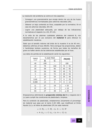 Capas granulares
22 19
GENERALIDADESTRAFICOTRAZADOINFRAESTRUCTURAAFIRMADOSANALISIS
La resolución del problema se centra en tres aspectos:
- Conseguir una granulometría que encaje dentro de uno de los husos
granulométricos normalizados para zahorras naturales (ZN).
- Obtener un bajo contenido en finos, aceptable por la normativa. En el
caso de zahorras naturales, EA>30.
- Lograr una plasticidad adecuada, por debajo de las indicaciones
normativas al respecto (LL<25, IP<10).
A la vista de las pésimas cualidades plásticas del material B, nos
decantaremos por el uso exclusivo del material C para efectuar la
estabilización mecánica.
Dado que el tamaño máximo del árido de la muestra A es de 40 mm.,
debemos ceñirnos al huso ZN(40). Para averiguar las proporciones, deben
ir haciéndose tanteos sucesivos, de forma que todas los tamaños de
grano se hallen dentro de las tolerancias establecidas por el huso.
Los datos de partida de la estabilización serán los siguientes:
% QUE PASATAMIZ
(mm)
A C
ZN(40)
40 100 - 100
25 78 100 75 95
20 58 96 60 85
10 36 90 45 75
5 22 72 30 55
2 20 54 20 40
0.40 17 10 6 25
0.080 15 0 0 12
LL 27 18 < 25
IP 15 5 < 10
EA 27 38 > 30
Empezaremos delimitando la proporción mínima de C (γ) respecto de A
(α) para cumplir las condiciones de plasticidad y limpieza.
Para la condición de plasticidad, emplearemos únicamente el porcentaje
de material que pasa por el tamiz 0.40 UNE, que modificará al límite
líquido (LL) y al índice de plasticidad (IP) de cada material:
IP)CA(IPCIPA CA ⋅⋅γ+⋅α=⋅⋅γ+⋅⋅α
LL)CA(LLCLLA CA ⋅⋅γ+⋅α=⋅⋅γ+⋅⋅α
 