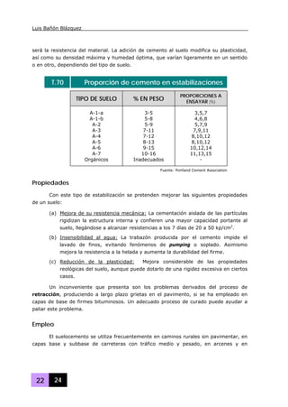 Luis Bañón Blázquez
22 24
será la resistencia del material. La adición de cemento al suelo modifica su plasticidad,
así como su densidad máxima y humedad óptima, que varían ligeramente en un sentido
o en otro, dependiendo del tipo de suelo.
T.70 Proporción de cemento en estabilizaciones
TIPO DE SUELO % EN PESO
PROPORCIONES A
ENSAYAR (%)
A-1-a
A-1-b
A-2
A-3
A-4
A-5
A-6
A-7
Orgánicos
3-5
5-8
5-9
7-11
7-12
8-13
9-15
10-16
Inadecuados
3,5,7
4,6,8
5,7,9
7,9,11
8,10,12
8,10,12
10,12,14
11,13,15
-
Fuente: Portland Cement Association
Propiedades
Con este tipo de estabilización se pretenden mejorar las siguientes propiedades
de un suelo:
(a) Mejora de su resistencia mecánica: La cementación aislada de las partículas
rigidizan la estructura interna y confieren una mayor capacidad portante al
suelo, llegándose a alcanzar resistencias a los 7 días de 20 a 50 kp/cm2
.
(b) Insensibilidad al agua: La trabazón producida por el cemento impide el
lavado de finos, evitando fenómenos de pumping o soplado. Asimismo
mejora la resistencia a la helada y aumenta la durabilidad del firme.
(c) Reducción de la plasticidad: Mejora considerable de las propiedades
reológicas del suelo, aunque puede dotarlo de una rigidez excesiva en ciertos
casos.
Un inconveniente que presenta son los problemas derivados del proceso de
retracción, produciendo a largo plazo grietas en el pavimento, si se ha empleado en
capas de base de firmes bituminosos. Un adecuado proceso de curado puede ayudar a
paliar este problema.
Empleo
El suelocemento se utiliza frecuentemente en caminos rurales sin pavimentar, en
capas base y subbase de carreteras con tráfico medio y pesado, en arcenes y en
 