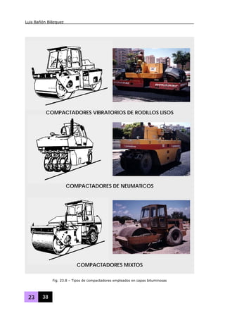 Luis Bañón Blázquez
23 38
COMPACTADORES VIBRATORIOS DE RODILLOS LISOS
COMPACTADORES DE NEUMATICOS
COMPACTADORES MIXTOS
Fig. 23.8 – Tipos de compactadores empleados en capas bituminosas
 