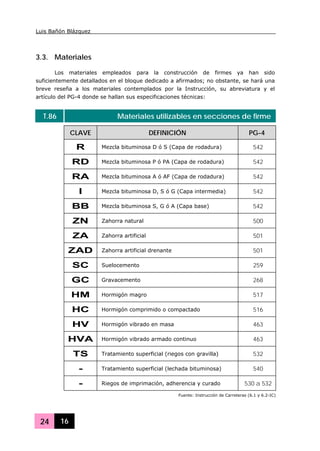 Luis Bañón Blázquez
24 16
3.3. Materiales
Los materiales empleados para la construcción de firmes ya han sido
suficientemente detallados en el bloque dedicado a afirmados; no obstante, se hará una
breve reseña a los materiales contemplados por la Instrucción, su abreviatura y el
artículo del PG-4 donde se hallan sus especificaciones técnicas:
T.86 Materiales utilizables en secciones de firme
CLAVE DEFINICIÓN PG-4
R Mezcla bituminosa D ó S (Capa de rodadura) 542
RD Mezcla bituminosa P ó PA (Capa de rodadura) 542
RA Mezcla bituminosa A ó AF (Capa de rodadura) 542
I Mezcla bituminosa D, S ó G (Capa intermedia) 542
BB Mezcla bituminosa S, G ó A (Capa base) 542
ZN Zahorra natural 500
ZA Zahorra artificial 501
ZAD Zahorra artificial drenante 501
SC Suelocemento 259
GC Gravacemento 268
HM Hormigón magro 517
HC Hormigón comprimido o compactado 516
HV Hormigón vibrado en masa 463
HVA Hormigón vibrado armado continuo 463
TS Tratamiento superficial (riegos con gravilla) 532
- Tratamiento superficial (lechada bituminosa) 540
- Riegos de imprimación, adherencia y curado 530 a 532
Fuente: Instrucción de Carreteras (6.1 y 6.2-IC)
 