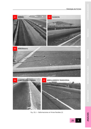 Patología de firmes
25 5
GENERALIDADESTRAFICOTRAZADOINFRAESTRUCTURAAFIRMADOSANALISIS
D1 RODERA D3 BLANDÓN
D2 HUNDIMIENTO
D4 CORDÓN LONGITUDINAL D5 ARROLLAMIENTO TRANSVERSAL
Fig. 25.1 – Deformaciones en firmes flexibles (I)
 