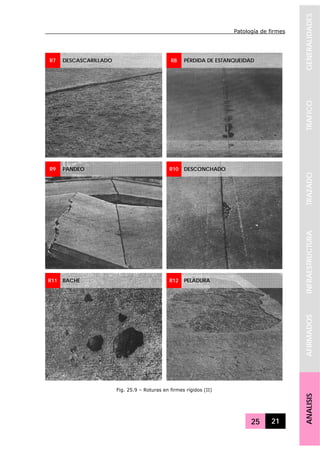 Patología de firmes
25 21
GENERALIDADESTRAFICOTRAZADOINFRAESTRUCTURAAFIRMADOSANALISIS
R7 DESCASCARILLADO R8 PÉRDIDA DE ESTANQUEIDAD
R9 PANDEO R10 DESCONCHADO
R11 BACHE R12 PELADURA
Fig. 25.9 – Roturas en firmes rígidos (II)
 