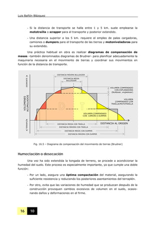 Luis Bañón Blázquez
16 10
- Si la distancia de transporte se halla entre 1 y 5 km. suele emplearse la
mototraílla o scrapper para el transporte y posterior extendido.
- Una distancia superior a los 5 km. requiere el empleo de palas cargadoras,
camiones o dumpers para el transporte de las tierras y motoniveladoras para
su extendido.
Una práctica habitual en obra es realizar diagramas de compensación de
masas –también denominados diagramas de Brudner- para planificar adecuadamente la
maquinaria necesaria en el movimiento de tierras y coordinar sus movimientos en
función de la distancia de transporte.
Humectación o desecación
Una vez ha sido extendida la tongada de terreno, se procede a acondicionar la
humedad del suelo. Este proceso es especialmente importante, ya que cumple una doble
función:
- Por un lado, asegura una óptima compactación del material, asegurando la
suficiente resistencia y reduciendo los posteriores asentamientos del terraplén.
- Por otro, evita que las variaciones de humedad que se produzcan después de la
construcción provoquen cambios excesivos de volumen en el suelo, ocasio-
nando daños y deformaciones en el firme.
DISTANCIA MÁXIMA BULLDOZER
DISTANCIA MEDIA
BULLDOZER
VOLUMEN COMPENSADO
CON EXPLANADORA
(Bulldozer, angledozer)
VOLUMEN
COMPENSADO CON
TRAÍLLA/MOTOTRAÍLLA
VOLUMEN COMPENSADO
CON CAMIÓN O DUMPER
VOLÚMENES
ACUMULADOSDESMONTETERRAPLÉN
DISTANCIA MEDIA CON TRAÍLLA
DISTANCIA MÁXIMA CON TRAÍLLA
DISTANCIA AL ORIGEN
DISTANCIA MEDIA CON DUMPER
DISTANCIA MÁXIMA CON DUMPER
Fig. 16.5 – Diagrama de compensación del movimiento de tierras (Brudner)
 