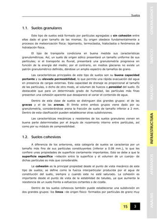 Suelos
15 3
GENERALIDADESTRAFICOTRAZADOINFRAESTRUCTURAAFIRMADOSANALISIS
1.1. Suelos granulares
Este tipo de suelos está formado por partículas agregadas y sin cohesión entre
ellas dado el gran tamaño de las mismas. Su origen obedece fundamentalmente a
procesos de meteorización física: lajamiento, termoclastia, hialoclastia o fenómenos de
hidratación física.
El tipo de transporte condiciona en buena medida sus características
granulométricas. Así, un suelo de origen eólico presentará un tamaño uniforme de sus
partículas; si el transporte es fluvial, presentará una granulometría progresiva en
función de la energía del medio; por el contrario, en medios glaciares no existe un
patrón granulométrico definido, dándose un amplio espectro de tamaños de grano.
Las características principales de este tipo de suelos son su buena capacidad
portante y su elevada permeabilidad, lo que permite una rápida evacuación del agua
en presencia de cargas externas. Esta capacidad de drenaje es proporcional al tamaño
de las partículas, o dicho de otro modo, al volumen de huecos o porosidad del suelo. Es
destacable que para un determinado grado de humedad, las partículas más finas
presentan una cohesión aparente que desaparece al variar el contenido de agua.
Dentro de esta clase de suelos se distinguen dos grandes grupos: el de las
gravas y el de las arenas. El límite entre ambos grupos viene dado por su
granulometría, considerándose arena la fracción de suelo de tamaño inferior a 2 mm.
Dentro de esta clasificación pueden establecerse otras subdivisiones.
Las características mecánicas y resistentes de los suelos granulares vienen en
buena parte determinadas por el ángulo de rozamiento interno entre partículas, así
como por su módulo de compresibilidad.
1.2. Suelos cohesivos
A diferencia de los anteriores, esta categoría de suelos se caracteriza por un
tamaño más fino de sus partículas constituyentes (inferior a 0.08 mm.), lo que les
confiere unas propiedades de superficie ciertamente importantes. Esto se debe a que la
superficie específica –relación entre la superficie y el volumen de un cuerpo- de
dichas partículas es más que considerable.
La cohesión es la principal propiedad desde el punto de vista mecánico de este
tipo de suelos; se define como la fuerza interparticular producida por el agua de
constitución del suelo, siempre y cuando este no esté saturado. La cohesión es
importante desde el punto de vista de la estabilidad de taludes, ya que aumenta la
resistencia de un suelo frente a esfuerzos cortantes o de cizalla.
Dentro de los suelos cohesivos también puede establecerse una subdivisión en
dos grandes grupos: los limos –de origen físico- formados por partículas de grano muy
 