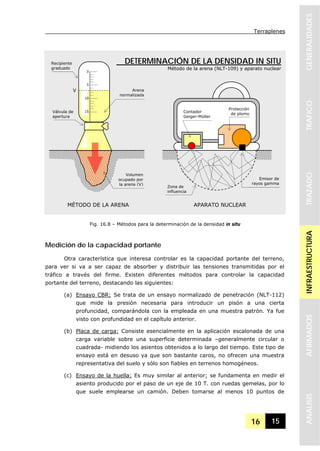 Terraplenes
16 15
GENERALIDADESTRAFICOTRAZADOINFRAESTRUCTURAAFIRMADOSANALISIS
Medición de la capacidad portante
Otra característica que interesa controlar es la capacidad portante del terreno,
para ver si va a ser capaz de absorber y distribuir las tensiones transmitidas por el
tráfico a través del firme. Existen diferentes métodos para controlar la capacidad
portante del terreno, destacando las siguientes:
(a) Ensayo CBR: Se trata de un ensayo normalizado de penetración (NLT-112)
que mide la presión necesaria para introducir un pisón a una cierta
profuncidad, comparándola con la empleada en una muestra patrón. Ya fue
visto con profundidad en el capítulo anterior.
(b) Placa de carga: Consiste esencialmente en la aplicación escalonada de una
carga variable sobre una superficie determinada –generalmente circular o
cuadrada- midiendo los asientos obtenidos a lo largo del tiempo. Este tipo de
ensayo está en desuso ya que son bastante caros, no ofrecen una muestra
representativa del suelo y sólo son fiables en terrenos homogéneos.
(c) Ensayo de la huella: Es muy similar al anterior; se fundamenta en medir el
asiento producido por el paso de un eje de 10 T. con ruedas gemelas, por lo
que suele emplearse un camión. Deben tomarse al menos 10 puntos de
0
5
10
15
V
Volumen
ocupado por
la arena (V)
Protección
de plomo
Emisor de
rayos gamma
Contador
Geiger-Müller
Zona de
influencia
Arena
normalizada
Recipiente
graduado
DETERMINACIÓN DE LA DENSIDAD IN SITU
Método de la arena (NLT-109) y aparato nuclear
MÉTODO DE LA ARENA APARATO NUCLEAR
Válvula de
apertura
Fig. 16.8 – Métodos para la determinación de la densidad in situ
 
