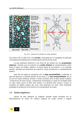 Luis Bañón Blázquez
15 4
fino (entre 0.02 y 0.002 mm) y las arcillas, compuestas por un agregado de partículas
microscópicas procedentes de la meteorización química de las rocas.
Lo que realmente diferencia a los limos de las arcillas son sus propiedades
plásticas: mientras que los primeros son arcillas finísimas de comportamiento inerte
frente al agua, las arcillas –debido a la forma lajosa de sus granos y a su reducido
tamaño- acentúan los fenómenos de superficie, causa principal de su comportamiento
plástico.
Este tipo de suelos se caracteriza por su baja permeabilidad, al dificultar el
paso del agua por el reducido tamaño de sus poros, y su alta compresibilidad; tan es
así que los suelos arcillosos, limosos e incluso arenosos como el loess pueden colapsar
–comprimirse de forma brusca- simplemente aumentando su grado de humedad hasta
un valor crítico (entre el 85% para arcillas y el 40-60% para arenas y limos), al
romperse los débiles enlaces que unen unas partículas con otras. Esta importante
propiedad se emplea de forma directa en la compactación de suelos.
1.3. Suelos orgánicos
Dentro de esta categoría se engloban aquellos suelos formados por la
descomposición de restos de materia orgánica de origen animal o vegetal
Fig. 15.2 – Origen de la cohesión en suelos arcillosos
Partícula
de arcilla
+
Molécula
de agua
Catión en
suspensión
+
 