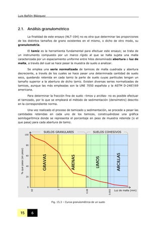 Luis Bañón Blázquez
15 6
2.1. Análisis granulométrico
La finalidad de este ensayo (NLT-104) no es otra que determinar las proporciones
de los distintos tamaños de grano existentes en el mismo, o dicho de otro modo, su
granulometría.
El tamiz es la herramienta fundamental para efectuar este ensayo; se trata de
un instrumento compuesto por un marco rígido al que se halla sujeta una malla
caracterizada por un espaciamiento uniforme entre hilos denominado abertura o luz de
malla, a través del cual se hace pasar la muestra de suelo a analizar.
Se emplea una serie normalizada de tamices de malla cuadrada y abertura
decreciente, a través de los cuales se hace pasar una determinada cantidad de suelo
seco, quedando retenida en cada tamiz la parte de suelo cuyas partículas tengan un
tamaño superior a la abertura de dicho tamiz. Existen diversas series normalizadas de
tamices, aunque las más empleadas son la UNE 7050 española y la ASTM D-2487/69
americana.
Para determinar la fracción fina de suelo –limos y arcillas- no es posible efectuar
el tamizado, por lo que se empleará el método de sedimentación (densímetro) descrito
en la correspondiente norma.
Una vez realizado el proceso de tamizado y sedimentación, se procede a pesar las
cantidades retenidas en cada uno de los tamices, construyéndose una gráfica
semilogarítmica donde se representa el porcentaje en peso de muestra retenida (o el
que pasa) para cada abertura de tamiz.
Fig. 15.3 – Curva granulométrica de un suelo
SUELOS COHESIVOSSUELOS GRANULARES
100
80
60
40
20
0
60
2
0.08
0.002
Luz de malla (mm)
%quepasa(enpeso)
GRAVAS
ARENAS
LIMOS
ARCILLAS
 