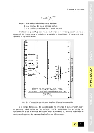 El agua y la carretera
18 9
GENERALIDADESTRAFICOTRAZADOINFRAESTRUCTURAAFIRMADOSANALISIS
76.0
25.0
J
L
3.0T ⎟⎟
⎠
⎞
⎜⎜
⎝
⎛
⋅=
donde T es el tiempo de concentración en horas
L es la longitud del cauce principal en km.
J es la pendiente media de dicho cauce en m/m
En el caso de que el flujo sea difuso y su tiempo de recorrido apreciable –como es
el caso de los márgenes de la plataforma y las laderas que vierten a la carretera- debe
aplicarse el siguiente ábaco:
Si el tiempo de recorrido del agua (cuidado, no el tiempo de concentración) sobre
la superficie fuera menor de 30 minutos, podrá considerarse que el tiempo de
concentración es de 5 minutos. Este valor podrá aumentar a 10 minutos en el caso de
aumentar el recorrido del agua por la plataforma a 150 minutos.
TIEMPO DE CONCENTRACIÓN PARA
MÁRGENES DE LA PLATAFORMA O LADERAS
Flujo Difuso
(Norma 5.2-IC)
Fig. 18.4 – Tiempos de concentración para flujo difuso de largo recorrido
 