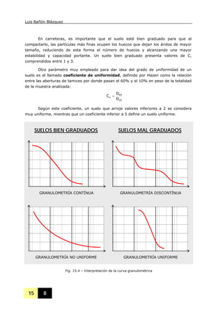Luis Bañón Blázquez
15 8
En carreteras, es importante que el suelo esté bien graduado para que al
compactarlo, las partículas más finas ocupen los huecos que dejan los áridos de mayor
tamaño, reduciendo de esta forma el número de huecos y alcanzando una mayor
estabilidad y capacidad portante. Un suelo bien graduado presenta valores de Cc
comprendidos entre 1 y 3.
Otro parámetro muy empleado para dar idea del grado de uniformidad de un
suelo es el llamado coeficiente de uniformidad, definido por Hazen como la relación
entre las aberturas de tamices por donde pasan el 60% y el 10% en peso de la totalidad
de la muestra analizada:
10
60
u
D
D
C =
Según este coeficiente, un suelo que arroje valores inferiores a 2 se considera
muy uniforme, mientras que un coeficiente inferior a 5 define un suelo uniforme.
GRANULOMETRÍA CONTÍNUA GRANULOMETRÍA DISCONTÍNUA
GRANULOMETRÍA NO UNIFORME GRANULOMETRÍA UNIFORME
SUELOS BIEN GRADUADOS SUELOS MAL GRADUADOS
Fig. 15.4 – Interpretación de la curva granulométrica
 