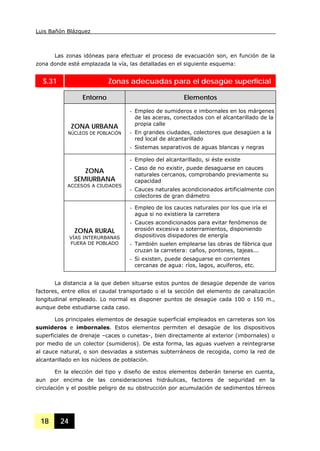 Luis Bañón Blázquez
18 24
Las zonas idóneas para efectuar el proceso de evacuación son, en función de la
zona donde esté emplazada la vía, las detalladas en el siguiente esquema:
S.31 Zonas adecuadas para el desagüe superficial
Entorno Elementos
ZONA URBANA
NÚCLEOS DE POBLACiÓN
- Empleo de sumideros e imbornales en los márgenes
de las aceras, conectados con el alcantarillado de la
propia calle
- En grandes ciudades, colectores que desagüen a la
red local de alcantarillado
- Sistemas separativos de aguas blancas y negras
ZONA
SEMIURBANA
ACCESOS A CIUDADES
- Empleo del alcantarillado, si éste existe
- Caso de no existir, puede desaguarse en cauces
naturales cercanos, comprobando previamente su
capacidad
- Cauces naturales acondicionados artificialmente con
colectores de gran diámetro
ZONA RURAL
VÍAS INTERURBANAS
FUERA DE POBLADO
- Empleo de los cauces naturales por los que iría el
agua si no existiera la carretera
- Cauces acondicionados para evitar fenómenos de
erosión excesiva o soterramientos, disponiendo
dispositivos disipadores de energía
- También suelen emplearse las obras de fábrica que
cruzan la carretera: caños, pontones, tajeas...
- Si existen, puede desaguarse en corrientes
cercanas de agua: ríos, lagos, acuiferos, etc.
La distancia a la que deben situarse estos puntos de desagüe depende de varios
factores, entre ellos el caudal transportado o el la sección del elemento de canalización
longitudinal empleado. Lo normal es disponer puntos de desagüe cada 100 o 150 m.,
aunque debe estudiarse cada caso.
Los principales elementos de desagüe superficial empleados en carreteras son los
sumideros e imbornales. Estos elementos permiten el desagüe de los dispositivos
superficiales de drenaje –caces o cunetas-, bien directamente al exterior (imbornales) o
por medio de un colector (sumideros). De esta forma, las aguas vuelven a reintegrarse
al cauce natural, o son desviadas a sistemas subterráneos de recogida, como la red de
alcantarillado en los núcleos de población.
En la elección del tipo y diseño de estos elementos deberán tenerse en cuenta,
aun por encima de las consideraciones hidráulicas, factores de seguridad en la
circulación y el posible peligro de su obstrucción por acumulación de sedimentos térreos
 