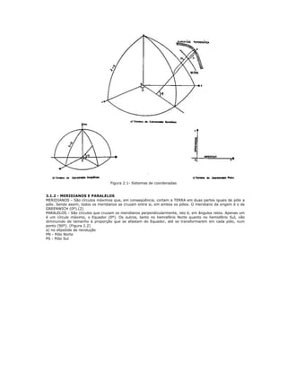 Figura 2.1- Sistemas de coordenadas
3.1.2 - MERIDIANOS E PARALELOS
MERIDIANOS - São círculos máximos que, em conseqüência, cortam a TERRA em duas partes iguais de pólo a
pólo. Sendo assim, todos os meridianos se cruzam entre si, em ambos os pólos. O meridiano de origem é o de
GREENWICH (0º).(2)
PARALELOS - São círculos que cruzam os meridianos perpendicularmente, isto é, em ângulos retos. Apenas um
é um círculo máximo, o Equador (0º). Os outros, tanto no hemisfério Norte quanto no hemisfério Sul, vão
diminuindo de tamanho à proporção que se afastam do Equador, até se transformarem em cada pólo, num
ponto (90º). (Figura 2.2)
a) no elipsóide de revolução
PN - Pólo Norte
PS - Pólo Sul
 