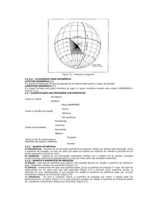 Figura 2.3 - Latitude e Longitude
3.1.3.2. - O ELIPSÓIDE COMO REFERÊNCIA
LATITUDE GEODÉSICA ( j )
É o ângulo formado pela normal ao elipsóide de um determinado ponto e o plano do Equador.
LONGITUDE GEODÉSICA ( l )
É o ângulo formado pelo plano meridiano do lugar e o plano meridiano tomado como origem (GREENWICH).
(Figura 2.1.a)
3.2 - CLASSIFICAÇÃO DAS PROJEÇÕES CARTOGRÁFICAS
3.2.1 - QUANTO AO MÉTODO
a) Geométricas - baseiam-se em princípios geométricos projetivos. Podem ser obtidos pela interseção, sobre
a superfície de projeção, do feixe de retas que passa por pontos da superfície de referência partindo de um
centro perspectivo (ponto de vista).
b) Analíticas - baseiam-se em formulação matemática obtidas com o objetivo de se atender condições
(características) préviamente estabelecidas (é o caso da maior parte das projeções existentes).
3.2.2 - QUANTO À SUPERFÍCIE DE PROJEÇÃO
a) Planas - este tipo de superfície pode assumir três posições básicas em relação a superfície de referência:
polar, equatorial e oblíqua (ou horizontal) (Figura 2.4).
b) Cônicas - embora esta não seja uma superfície plana, já que a superfície de projeção é o cone, ela pode ser
desenvolvida em um plano sem que haja distorções (Figura 2.5), e funciona como superfície auxiliar na
obtenção de uma representação. A sua posição em relação à superfície de referência pode ser: normal,
transversal e oblíqua (ou horizontal) (Figura 2.4).
c) Cilíndricas - tal qual a superfície cônica, a superfície de projeção que utiliza o cilindro pode ser
desenvolvida em um plano (Figura 2.5) e suas possíveis posições em relação a superfície de referência podem
ser: equatorial, transversal e oblíqua (ou horizontal) (Figura 2.4).
 