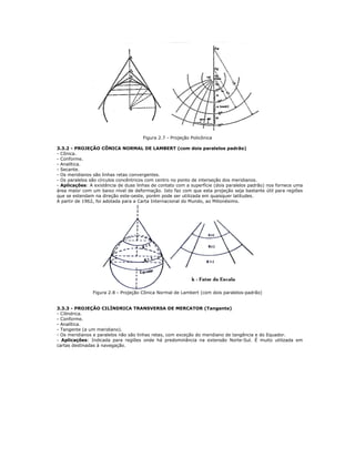 Figura 2.7 - Projeção Policônica
3.3.2 - PROJEÇÃO CÔNICA NORMAL DE LAMBERT (com dois paralelos padrão)
- Cônica.
- Conforme.
- Analítica.
- Secante.
- Os meridianos são linhas retas convergentes.
- Os paralelos são círculos concêntricos com centro no ponto de interseção dos meridianos.
- Aplicações: A existência de duas linhas de contato com a superfície (dois paralelos padrão) nos fornece uma
área maior com um baixo nível de deformação. Isto faz com que esta projeção seja bastante útil para regiões
que se estendam na direção este-oeste, porém pode ser utilizada em quaisquer latitudes.
A partir de 1962, foi adotada para a Carta Internacional do Mundo, ao Milionésimo.
Figura 2.8 - Projeção Cônica Normal de Lambert (com dois paralelos-padrão)
3.3.3 - PROJEÇÃO CILÍNDRICA TRANSVERSA DE MERCATOR (Tangente)
- Cilíndrica.
- Conforme.
- Analítica.
- Tangente (a um meridiano).
- Os meridianos e paralelos não são linhas retas, com exceção do meridiano de tangência e do Equador.
- Aplicações: Indicada para regiões onde há predominância na extensão Norte-Sul. É muito utilizada em
cartas destinadas à navegação.
 