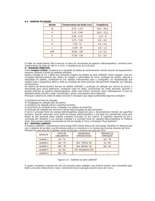 8.1 - BANDAS DE RADAR
Banda Comprimento de Onda (cm) Freqüência
Q 0,75 - 1,18 40,0 - 26,5
K 1,18 - 2,40 26,5 - 12,5
X 2,40 - 3,75 12,5 - 8
C 3,75 - 7,50 8,0 - 4,0
S 7,50 - 15 4,0 - 2,0
L 15,00 - 30 2,0 - 1,0
UHF 30,00 - 100 1,0 - 0,3
P 77,00 - 136 0,2 - 0,4
O radar de visada lateral (RVL) situa-se na faixa de microondas do espectro eletromagnético, variando entre
comprimentos de onda de 100 cm a 1mm, e freqüência de 0,3 a 50 GHZ.
9 - IMAGENS ORBITAIS
Como imagem orbital, considera-se a aquisição de dados de sensoriamento remoto através de equipamentos
sensores coletores à bordo de satélites artificiais.
Desde a década de 70, o IBGE vem utilizando imagens de satélite da série LANDSAT. Estas imagens, uma vez
corrigidas geometricamente dos efeitos de rotação e esfericidade da Terra, variações de atitude, altitude e
velocidade do satélite, constituem-se em valiosos instrumentos para a Cartografia, na representação das
regiões onde a topografia é difícil e onde as condições de clima adversos não permitem fotografar por métodos
convencionais.
No sistema de Sensoriamento Remoto do satélite LANDSAT, a produção de radiação que retorna ao sensor é
direcionada para vários detectores, recebendo cada um deles, comprimento de ondas diferente, gerando 7
bandas distintas do espectro eletromagnético, sendo este sensor conhecido como multiespectral. O que na
fotografia aérea (visível) e radar (microondas), possui uma pequena faixa espectral.
Para que o sistema de coleta de dados funcione é necessário que sejam preenchidas algumas condições:
a) Existência de fonte de radiação.
b) Propagação de radiação pela atmosfera.
c) Incidência de radiação sobre a superfície terrestre.
d) Ocorrência de interação entre a radiação e os objetos da superfície.
e) Produção de radiação que retorna ao sensor após propagar-se pela atmosfera.
O Sol é a principal fonte de energia eletromagnética disponível para o Sensoriamento Remoto da superfície
terrestre. Quando observado como fonte de energia eletromagnética, o Sol pode ser considerado como uma
esfera de gás aquecida pelas reações nucleares ocorridas no seu interior. A superfície aparente do Sol é
conhecida por fotosfera e sua energia irradiada é a principal fonte de radiação eletromagnética no Sistema
Solar. Esta energia radiante proveniente do Sol em direção à Terra, é chamada "Fluxo Radiante".
9.1 - SISTEMA LANDSAT
O Sistema LANDSAT, originalmente denominado ERTS (Earth Resources Technology Satellite) foi desenvolvido
com o objetivo de se obter uma ferramenta prática no inventário e no manejo dos recursos naturais da Terra.
Planejou-se uma série de 6 satélites, tendo-se lançado o primeiro em julho de 1975.
SATÉLITE
DATA DE
LANÇAMENTO
PROBLEMAS
OPERACIONAIS
TÉRMINO DE
OPERAÇÃO
Landsat 1 Jul´ 72 - Jan´ 78
Landsat 2 Jan´ 75 Nov´79/Fev´82 Jul´ 83
Landsat 3 Mar´ 78 Dez´80/Mar´83 Set´ 83
Landsat 4 Jul´ 82 Fev´83(apenas TM) -
Landsat 5 Mar´ 84 - -
Figura 2.17 - Satélites da série LANDSAT
O quadro apresenta o período de vida útil possuido pelos satélites, que embora tenham sido concebidos para
terem uma vida média útil de 2 anos, mantiveram-se em operação durante cerca de 5 anos.
 