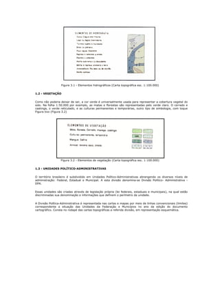 Figura 3.1 - Elementos hidrográficos (Carta topográfica esc. 1:100.000)
1.2 - VEGETAÇÃO
Como não poderia deixar de ser, a cor verde é universalmente usada para representar a cobertura vegetal do
solo. Na folha 1:50.000 por exemplo, as matas e florestas são representadas pelo verde claro. O cerrado e
caatinga, o verde reticulado, e as culturas permanentes e temporárias, outro tipo de simbologia, com toque
Figura tivo (Figura 3.2)
Figura 3.2 - Elementos de vegetação (Carta topográfica esc. 1:100.000)
1.3 - UNIDADES POLÍTICO-ADMINISTRATIVAS
O território brasileiro é subdividido em Unidades Político-Administrativas abrangendo os diversos níveis de
administração: Federal, Estadual e Municipal. A esta divisão denomina-se Divisão Político- Administrativa -
DPA.
Essas unidades são criadas através de legislação própria (lei federais, estaduais e municipais), na qual estão
discriminadas sua denominação e informações que definem o perímetro da unidade.
A Divisão Política-Administrativa é representada nas cartas e mapas por meio de linhas convencionais (limites)
correspondente a situação das Unidades da Federação e Municípios no ano da edição do documento
cartográfico. Consta no rodapé das cartas topográficas a referida divisão, em representação esquemática.
 