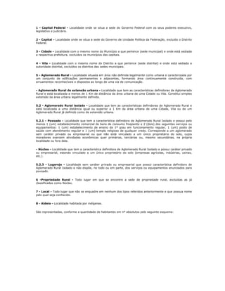 1 - Capital Federal - Localidade onde se situa a sede do Governo Federal com os seus poderes executivo,
legislativo e judiciário.
2 - Capital - Localidade onde se situa a sede do Governo de Unidade Política da Federação, excluído o Distrito
Federal.
3 - Cidade - Localidade com o mesmo nome do Município a que pertence (sede municipal) e onde está sediada
a respectiva prefeitura, excluídos os municípios das capitais.
4 - Vila - Localidade com o mesmo nome do Distrito a que pertence (sede distrital) e onde está sediada a
autoridade distrital, excluídos os distritos das sedes municipais.
5 - Aglomerado Rural - Localidade situada em área não definida legalmente como urbana e caracterizada por
um conjunto de edificações permanentes e adjacentes, formando área continuamente construída, com
arruamentos reconhecíveis e dispostos ao longo de uma via de comunicação.
- Aglomerado Rural de extensão urbana - Localidade que tem as características definidoras de Aglomerado
Rural e está localizada a menos de 1 Km de distância da área urbana de uma Cidade ou Vila. Constitui simples
extensão da área urbana legalmente definida.
5.2 - Aglomerado Rural isolado - Localidade que tem as características definidoras de Aglomerado Rural e
está localizada a uma distância igual ou superior a 1 Km da área urbana de uma Cidade, Vila ou de um
Aglomerado Rural já definido como de extensão urbana.
5.2.1 - Povoado - Localidade que tem a característica definidora de Aglomerado Rural Isolado e possui pelo
menos 1 (um) estabelecimento comercial de bens de consumo freqüente e 2 (dois) dos seguintes serviços ou
equipamentos: 1 (um) estabelecimento de ensino de 1º grau em funcionamento regular, 1 (um) posto de
saúde com atendimento regular e 1 (um) templo religioso de qualquer credo. Corresponde a um aglomerado
sem caráter privado ou empresarial ou que não está vinculado a um único proprietário do solo, cujos
moradores exercem atividades econômicas quer primárias, terciárias ou, mesmo secundárias, na própria
localidade ou fora dela.
- Núcleo - Localidade que tem a característica definidora de Aglomerado Rural Isolado e possui caráter privado
ou empresarial, estando vinculado a um único proprietário do solo (empresas agrícolas, indústrias, usinas,
etc.).
5.2.3 - Lugarejo - Localidade sem caráter privado ou empresarial que possui característica definidora de
Aglomerado Rural Isolado e não dispõe, no todo ou em parte, dos serviços ou equipamentos enunciados para
povoado.
6 -Propriedade Rural - Todo lugar em que se encontre a sede de propriedade rural, excluídas as já
classificadas como Núcleo.
7 - Local - Todo lugar que não se enquadre em nenhum dos tipos referidos anteriormente e que possua nome
pelo qual seja conhecido.
8 - Aldeia - Localidade habitada por indígenas.
São representadas, conforme a quantidade de habitantes em nº absolutos pelo seguinte esquema:
 