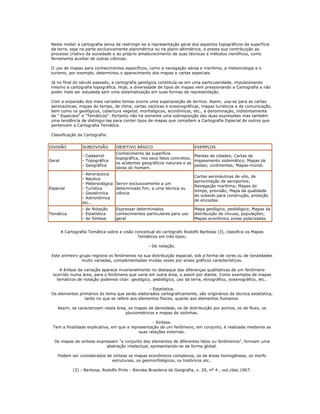 Neste mister a cartografia deixa de restringir-se a representação geral dos aspectos topográficos da superfície
da terra, seja na parte exclusivamente planimétrica ou na plano-altimétrica, e presta sua contribuição ao
processo criativo da sociedade e ao próprio amadurecimento de suas técnicas e métodos científicos, como
ferramenta auxiliar de outras ciências.
O uso de mapas para conhecimentos específicos, como a navegação aérea e marítima, a meteorologia e o
turismo, por exemplo, determinou o aparecimento dos mapas e cartas especiais.
Já no final do século passado, a cartografia geológica constituía-se em uma particularidade, impulsionando
mesmo a cartografia topográfica. Hoje, a diversidade de tipos de mapas vem pressionando a Cartografia a não
poder mais ser estudada sem uma sistematização em suas formas de representação.
Com a expansão dos mais variados temas ocorre uma superposição de termos. Assim, usa-se para as cartas
aeronaúticas, mapas do tempo, de clima, cartas naúticas e oceonográficas, mapas turísticos e de comunicação,
bem como os geológicos, cobertura vegetal, morfológicos, econômicos, etc., a denominação, indistintamente
de " Especiais" e "Temáticos". Portanto não há somente uma sobreposição das duas expressões mas também
uma tendência de distinguí-las para conter tipos de mapas que compõem a Cartografia Especial de outros que
pertencem a Cartografia Temática.
Classificação da Cartografia:
DIVISÃO SUBDIVISÃO OBJETIVO BÁSICO EXEMPLOS
Geral
- Cadastral
- Topográfica
- Geográfica
Conhecimento da superfície
topográfica, nos seus fatos concretos,
os acidentes geográficos naturais e as
obras do homem.
Plantas de cidades; Cartas de
mapeamento sistemático; Mapas de
países; continentes; Mapas-múndi.
Especial
- Aeronáutica
- Náutica
- Metereológica
- Turística
- Geotérmica
- Astronômica
etc...
Servir exclusivamente a um
determinado fim; a uma técnica ou
ciência
Cartas aeronáuticas de vôo, de
aproximação de aeroportos;
Navegação marítima; Mapas do
tempo, previsão; Mapa da qualidade
do subsolo para construção, proteção
de encostas.
Temática
- de Notação
- Estatística
- de Síntese
Expressar determinados
conhecimentos particulares para uso
geral
Mapa geológico, pedológico; Mapas da
distribuição de chuvas, populações;
Mapas econômico zonas polarizadas.
A Cartografia Temática sobre a visão conceitual do cartógrafo Rodolfo Barbosa (3), classifica os Mapas
Temáticos em três tipos;
- De notação.
Este primeiro grupo registra os fenômenos na sua distribuição espacial, sob a forma de cores ou de tonalidades
muito variadas, complementadas muitas vezes por sinais gráficos característicos.
A ênfase da variação aparece invariavelmente no destaque das diferenças qualitativas de um fenômeno
ocorrido numa área, para o fenômeno que varia em outra área, e assim por diante. Como exemplos de mapas
temáticos de notação podemos citar: geológico, pedológico, uso da terra, etnográfico, oceanográfico, etc..
- Estatística.
Os elementos primários do tema que serão elaborados cartograficamente, são originários da técnica estatística,
tanto no que se refere aos elementos físicos, quanto aos elementos humanos.
Assim, se caracterizam nesta área, os mapas de densidade, os de distribuição por pontos, os de fluxo, os
pluviométricos e mapas de isolinhas.
- Síntese.
Tem a finalidade explicativa, em que a representação de um fenômeno, em conjunto, é realizada mediante as
suas relações externas.
Os mapas de síntese expressam "o conjunto dos elementos de diferentes fatos ou fenômenos", formam uma
abstração intelectual, apresentando-se de forma global.
Podem ser considerados de síntese os mapas econômicos complexos, os de áreas homogêneas, os morfo
estruturais, os geomorfológicos, os históricos etc..
(3) - Barbosa, Rodolfo Pinto - Revista Brasileira de Geografia, v. 29, nº 4 , out./dez.1967.
 