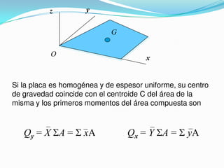 Si la placa es homogénea y de espesor uniforme, su centro
de gravedad coincide con el centroide C del área de la
misma y los primeros momentos del área compuesta son
x
y
z
O
G
Qy = X A = xA Qx = Y A = yA
 