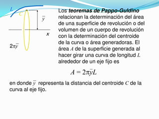 C
L
x
2 y
y
Los teoremas de Pappo-Guldino
relacionan la determinación del área
de una superficie de revolución o del
volumen de un cuerpo de revolución
con la determinación del centroide
de la curva o área generadoras. El
área A de la superficie generada al
hacer girar una curva de longitud L
alrededor de un eje fijo es
en donde y representa la distancia del centroide C de la
curva al eje fijo.
A = 2 yL
 