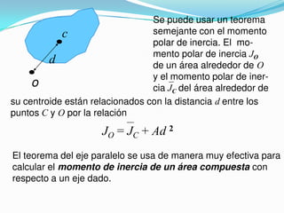 Se puede usar un teorema
semejante con el momento
polar de inercia. El mo-
mento polar de inercia JO
de un área alrededor de O
y el momento polar de iner-
cia JC del área alrededor de
JO = JC + Ad 2
d
c
El teorema del eje paralelo se usa de manera muy efectiva para
calcular el momento de inercia de un área compuesta con
respecto a un eje dado.
o
su centroide están relacionados con la distancia d entre los
puntos C y O por la relación
 