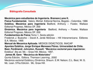 .
Mecánica para estudiantes de Ingenieria. Branson,Lane K.
Física Fundamental. Valero, Michel. Editorial Norma, Bogotá – Colombia. 1986
Estática. Mecánica para ingeniería Bedford, Anthony – Fowler, Wallace
Editorial Progreso, México DF. 200
Dinámica. Mecánica para ingeniería Bedford, Anthony – Fowler, Wallace
Editorial Progreso, México DF. 200
Fundamentos de Física Tomo 1, Sexta edición
Frederick J. Buecche – David A. Jerde McGraw – Hill Interamericana Editores
S.A. México. 1995
Manual de Mecanica Aplicada. MEDIOS DIDÁCTICOS. INACAP
Apuntes Estática. Jorge Enrique Meneses Flórez. Universidad de Chile.
Beer, Ferdinand; Johnston, Russell. “Mecánica vectorial para ingenieros:
Estática”, 6ta ed. Mc – Graw Hill, México. 1997.
James M. Gere “Mecánica de Materiales”
Quinta Edición, Editora. Thomson Learning , 2002
Mecànica vectorial Estática y Dinámica. Shaum. E.W. Nelson, C.L. Best, W. G.
Mc. Lean. 5Tha Edición. Mc. Graw Hill.
Bibliografía Consultada
 