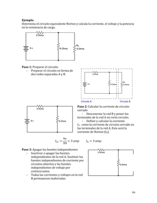 99	
Ejemplo.	
Determina	el	circuito	equivalente	Norton	y	calcula	la	corriente,	el	voltaje	y	la	potencia	
en	la	resistencia	de	carga.			
	
	
Paso	1:	Preparar	el	circuito	
- Preparar	el	circuito	en	forma	de	
dos	redes	separadas	A	y	B.	
	
	
	
	
	
	
	
Paso	2:	Calcular	la	corriente	de	circuito	
cerrado	
- Desconectar	la	red	B	y	poner	las	
terminales	de	la	red	A	en	corto	circuito.	
- Definir	y	calcular	la	corriente	
Icc		como	la	corriente	de	circuito	cerrado	en	
las	terminales	de	la	red	A.	Esta	será	la	
corriente	de	Norton	(IN).	
	
𝐼!! =
9𝑣
3Ω
= 3 𝑎𝑚𝑝 𝐼! = 3 𝑎𝑚𝑝.	
	
Paso	3:	Apagar	las	fuentes	independientes	
- Inactivar	o	apagar	las	fuentes	
independientes	de	la	red	A.	Sustituir	las	
fuentes	independientes	de	corriente	por	
circuitos	abiertos	y	las	fuentes	
independientes	de	voltaje	por	
cortocircuitos.	
- Todas	las	corrientes	y	voltajes	en	la	red	
B	permanecen	inalteradas.	
	
 