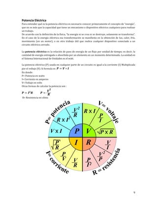 9	
Potencia	Eléctrica	
Para	entender	qué	es	la	potencia	eléctrica	es	necesario	conocer	primeramente	el	concepto	de	“energía”,	
que	no	es	más	que	la	capacidad	que	tiene	un	mecanismo	o	dispositivo	eléctrico	cualquiera	para	realizar	
un	trabajo.	
De	acuerdo	con	la	definición	de	la	física,	“la	energía	ni	se	crea	ni	se	destruye,	solamente	se	transforma”.	
En	el	caso	de	la	energía	eléctrica	esa	transformación	se	manifiesta	en	la	obtención	de	luz,	calor,	frío,	
movimiento	 (en	 un	 motor),	 o	 en	 otro	 trabajo	 útil	 que	 realice	 cualquier	 dispositivo	 conectado	 a	 un	
circuito	eléctrico	cerrado.	
	
La	potencia	eléctrica	es	la	relación	de	paso	de	energía	de	un	flujo	por	unidad	de	tiempo;	es	decir,	la	
cantidad	de	energía	entregada	o	absorbida	por	un	elemento	en	un	momento	determinado.	La	unidad	en	
el	Sistema	Internacional	de	Unidades	es	el	watt.	
	
La	potencia	eléctrica	(P)	usada	en	cualquier	parte	de	un	circuito	es	igual	a	la	corriente	(I)	Multiplicada	
por	el	voltaje	(V).	Si	formula	es		 𝑷 = 𝑽 ∗ 𝑰	
En	donde:	
P=	Potencia	en	watts	
I=	Corriente	en	amperes	
V=	Voltaje	en	volts	
Otras	formas	de	calcular	la	potencia	son	:	
𝑷 = 𝑰 𝟐
𝑹 𝑷 =
𝑽
𝟐
𝑹
								
	R=	Resistencia	en	ohms	
	
	
	
	
	
	
	
	
	
	
	
	
	
	
	
	
	
	
	
	
 