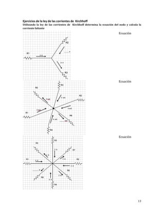 13	
Ejercicios	de	la	ley	de	las	corrientes	de		Kirchhoff	
Utilizando	 la	 ley	 de	 las	 corrientes	 de	 	 Kirchhoff	 determina	 la	 ecuación	 del	 nodo	 y	 calcula	 la	
corriente	faltante	
	
	
	
Ecuación	
Ecuación	
Ecuación	
 