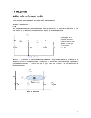 49	
I-2.-	El	Supernodo.	
	
Análisis	nodal	con	fuentes	de	tensión	
	
Ahora	veremos	como	una	fuente	de	tensión	afecta	el	análisis	nodal.	
	
Se	tienen	2	posibilidades	
CASO	1	
Si	la	fuente	de	tensión	esta	conectada	entre	el	nodo	de	referencia	y	un	nodo	de	no	referencia,	en	este	
caso	el	nodo	de	no	referencia	simplemente	toma	el	valor	de	la	fuente	de	tensión.	
	
	
♦	 CASO	 2	 	 Si	 la	 fuente	 de	 tensión	 esta	 conectada	 entre	 2	 nodos	 de	 no	 referencia,	 los	 nodos	 de	 no	
referencia	forman	un	nodo	generalizado	o	supernodo;	En	el	caso	de	la	figura	siguiente	el	supernodo	se	
formara	entre	los	nodos	V2	y	V3;	En	este	caso	se	aplica	tanto	la	LCK	como	la	LTK	para	determinar	las	
tensiones	del	nodo	
	
	
	
	
	
	
	
	
Por	ejemplo	en	el	
Siguiente	circuito	la	
fuente	de	tensión	esta	
entre	el	nodo	V2		y	el		
de	referencia.		
V2	=	10	v	
Supernodo	
 