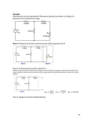89	
	
Ejemplo.	
Determina	el	circuito	equivalente	Thevenin	y	calcula	la	corriente,	el	voltaje	y	la	
potencia	en	la	resistencia	de	carga.			
	
Paso	1:	Preparar	el	circuito	en	forma	de	dos	redes	separadas	A	y	B.	
	
	
Paso	2:	Se	desconecta	la	red	B	y	calcula	VTH	
Debido	a	que	la	tensión	de	Thévenin	se	define	como	la	tensión	que	aparece	entre	los	terminales	de	la	
carga	cuando	se	desconecta	la	resistencia	de	la	carga	también	se	puede	denominar	tensión	en	circuito	
abierto.	
𝑉!" =
!!!!
!!!!!
𝑉!" =
(!"!)(!)
!!!
𝑉!" = 8 𝑣𝑜𝑙𝑡𝑠	
	
Paso	3:	Apagar	las	fuentes	independientes	
 