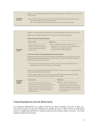 7
Cómo Organizar la Lista de Referencias
Las referencias bibliográficas se escriben al final de un artículo científico, una tesis, un libro, etc.,
éstas deben anotarse en una lista alfabética por apellido del autor y deben ofrecer la información
precisa y completa para identificar y localizar cada una de las fuentes citadas en el texto. Ver Cómo
organizar la lista de referencias.
 