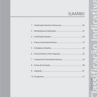 Manual da Classificação Indicativa   1

                                                                   SUMÁRIO

1. Classificação Indicativa e Democracia............................................05


2. Metodologia da Classificação........................................................07


3. Classificação Indicativa...................................................................09


4. A Nova Classificação Indicativa......................................................15


5. O Modelo em Detalhes...................................................................20


6. Outras Diretrizes a Serem Seguidas...............................................33


7. Categorias de Classificação Indicativa...........................................35


8. Formas de Veiculação....................................................................48


9. Legislação.................................................................................52


10. Fluxogramas..............................................................................57
 