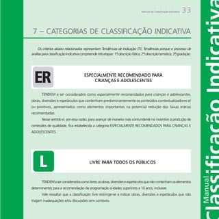 Manual da Classificação Indicativa   33

     CATEGORIAS                  INDICATIV
                                       TIVA
 7 – CATEGORIAS DE CLASSIFICAÇÃO INDICATIVA

     Os critérios abaixo relacionados representam Tendências de Indicação (Ti). Tendências porque o processo de
análise para classificação indicativa compreende três etapas: 1ª) descrição fática; 2ª) descrição temática; 3ª) gradação.




                                                                    PARA
                                        ESPECIALMENTE RECOMENDADO PARA
                                            CRIANÇAS E ADOLESCENTES


       TENDEM a ser considerados como especialmente recomendados para crianças e adolescentes,
obras, diversões e espetáculos que contenham predominantemente os conteúdos contextualizadores e/
ou positivos, apresentados como elementos importantes na potencial redução das faixas etárias
recomendadas.
       Nesse sentido e, por essa razão, para avançar de maneira mais contundente no incentivo à produção de
conteúdos de qualidade, fica estabelecida a categoria ESPECIALMENTE RECOMENDADOS PARA CRIANÇAS E
ADOLESCENTES.




                                                  PARA
                                            LIVRE PARA TODOS OS PÚBLICOS



       TENDEM a ser considerados como livres, as obras, diversões e espetáculos que não contenham os elementos
determinantes para a recomendação da programação à idades superiores a 10 anos, inclusive.
       Vale ressaltar que a classificação livre restringe-se a indicar obras, diversões e espetáculos que não
tragam inadequações e/ou discussões sem contexto.
 